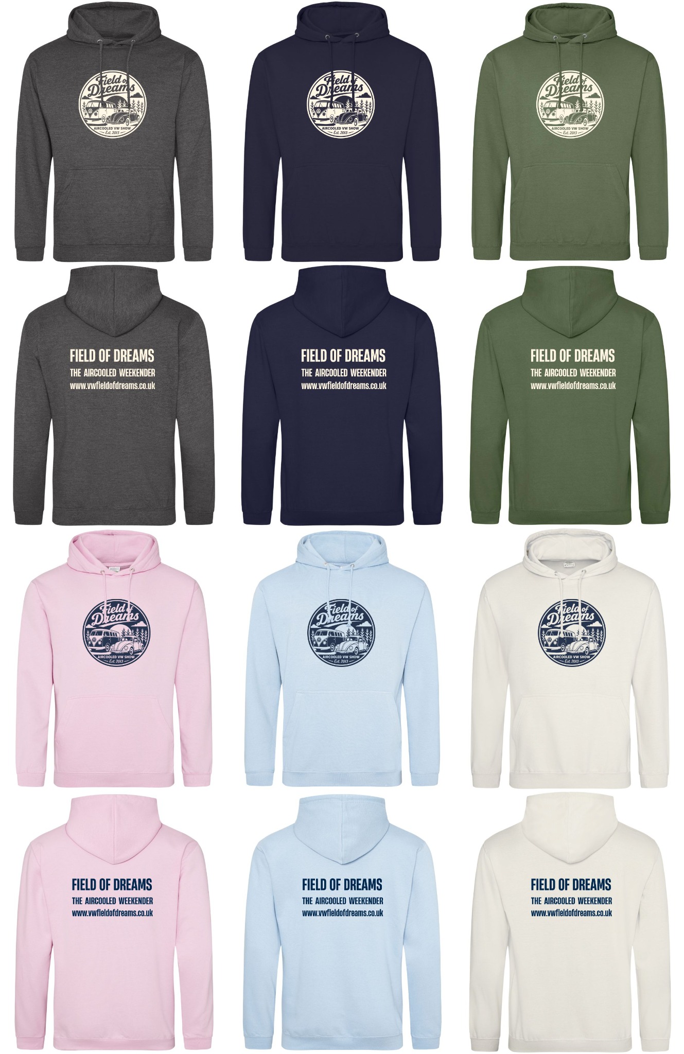 Field of Dreams 2026 hoodies in a range of colours, showing front and back prints